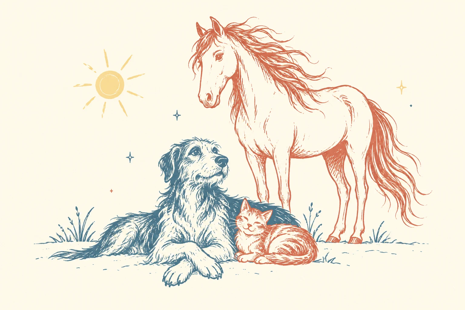 A scruffy dog and a kitten keeping company with a horse under the San Diego sun, drawn in blue and coral.